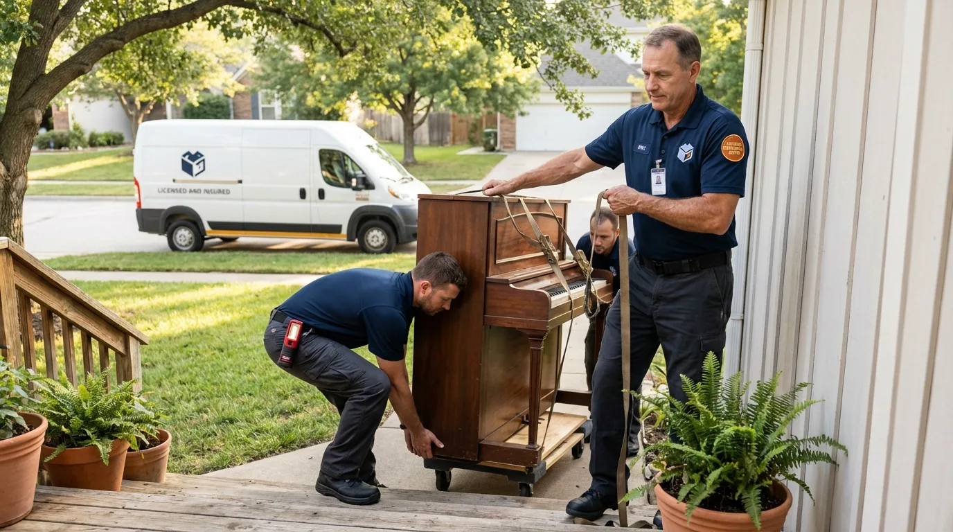 Licensed piano movers securing grand piano in Wray, CO