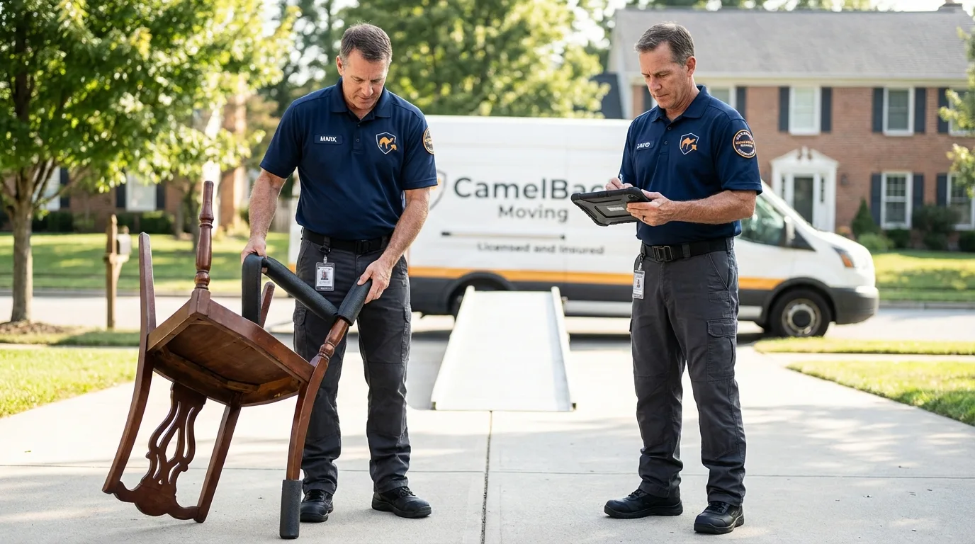 Movers inspecting furniture for damage prevention before loading in Wray, CO